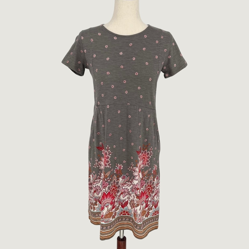 J. Jill Women Floral Cotton Short Sleeve T-Shirt Dress XS P Gray Red Boho Summer